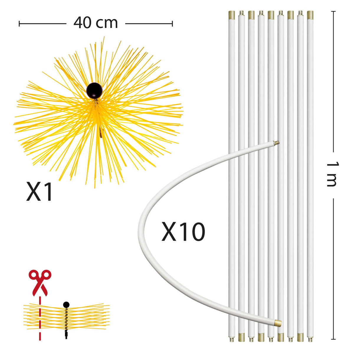 Chimney Cleaning Kit: 1m x 10 + 400mm Brush (Total Length: 10m)