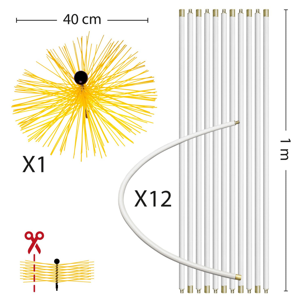 Chimney Cleaning Kit: 1m x 12 + 400mm Brush (Total Length: 12m)