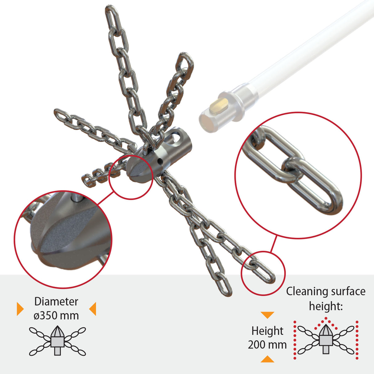 Tornado PRO (⌀17): grandininis kamino šepetys su 6 segmentų grandine ir ardančia priekine dalimi