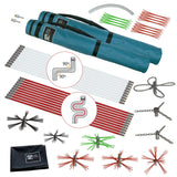 A complete outdoor fence kit laid out on a white background, including teal rolled fabric posts, white and red metal posts, black and red wire brushes, metal chains and connectors, green and red wire ties, and a black carrying bag with a visible 'HOMEN' brand logo.