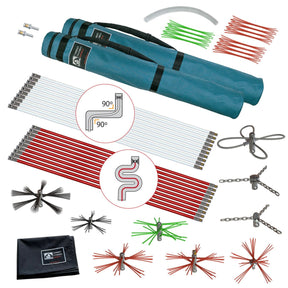A complete outdoor fence kit laid out on a white background, including teal rolled fabric posts, white and red metal posts, black and red wire brushes, metal chains and connectors, green and red wire ties, and a black carrying bag with a visible 'HOMEN' brand logo.